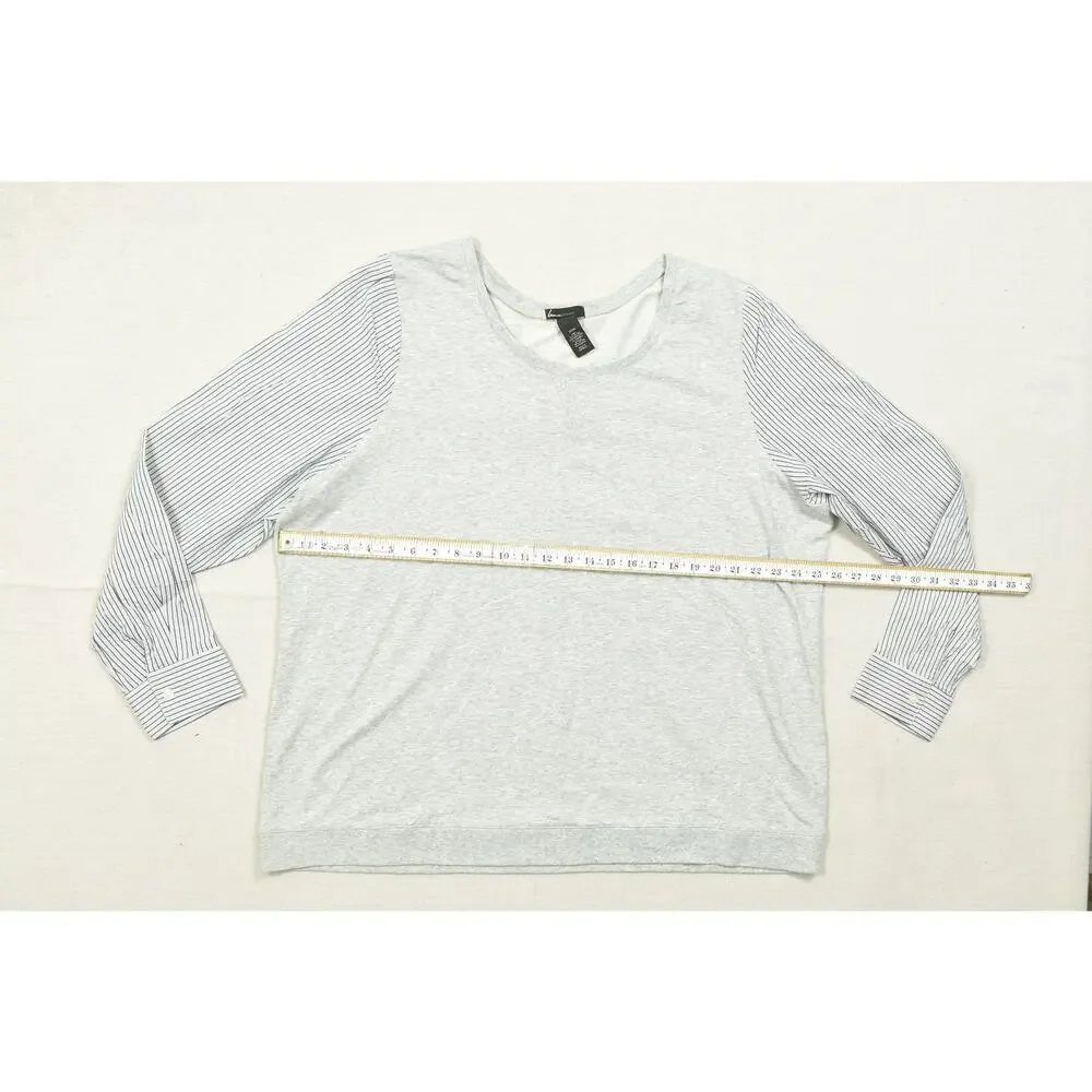 Lane Bryant Women 22/24 Gray Knit Top Striped Woven Long Sleeves Mixed Media